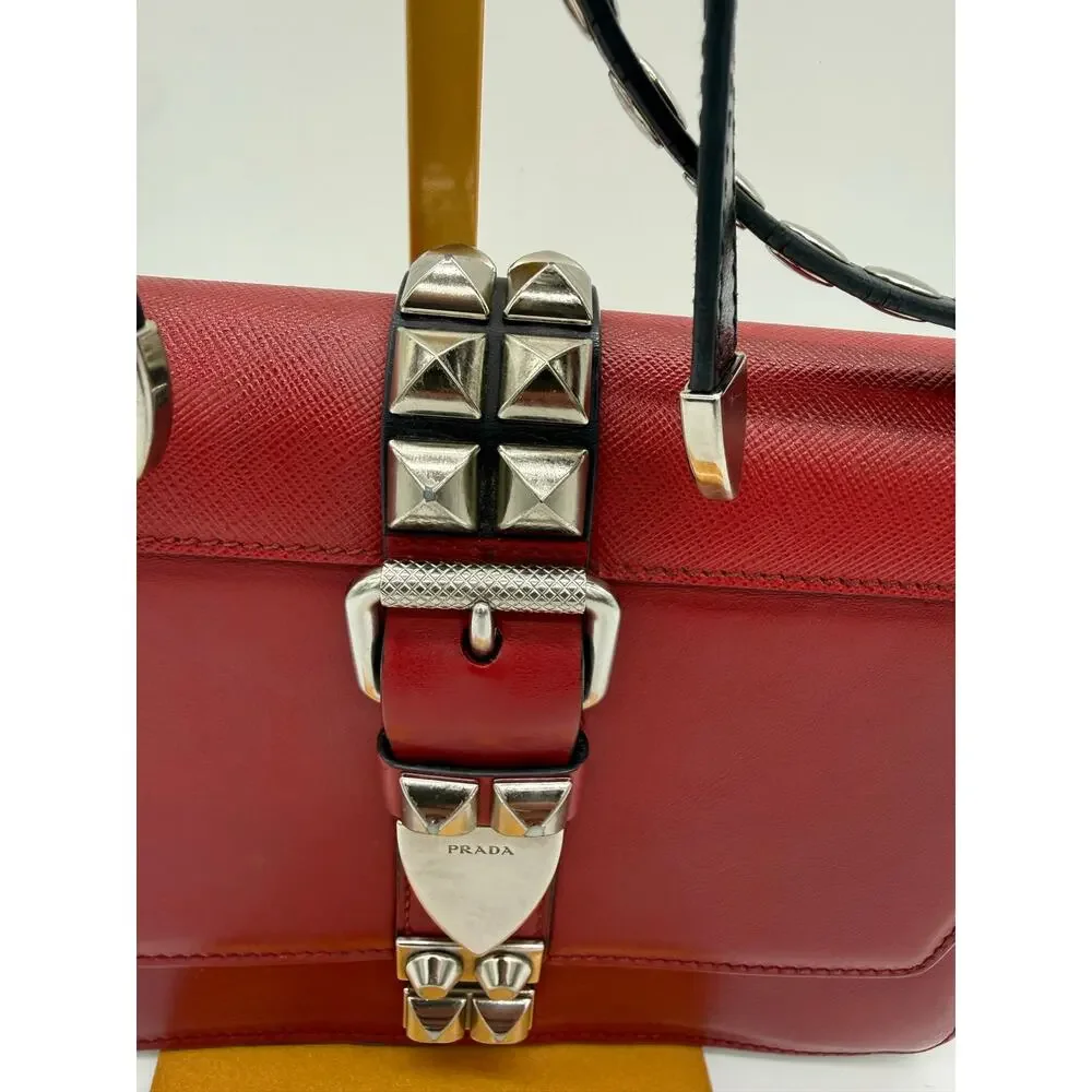 PRADA Elektra Red Saffiano Leather Studded Buckle Crossbody Bag 1BD120 Silver⁠